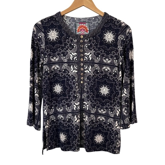 Johnny Was Runa button front henley tee XXS navy cream jersey knit celestial NWT - Picture 2 of 12